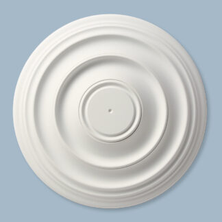 This product image showcases the Andrina Lightweight Ceiling Rose - 16in / 41cm from Leyland Decorative Mouldings. Crafted with high-quality HDP (high-density polyurethane), this ceiling rose offers crisp detail and is ready to paint. Its water-resistant properties make it suitable for installation in kitchens and bathrooms. The image highlights the elegant design and showcases the product's dimensions.